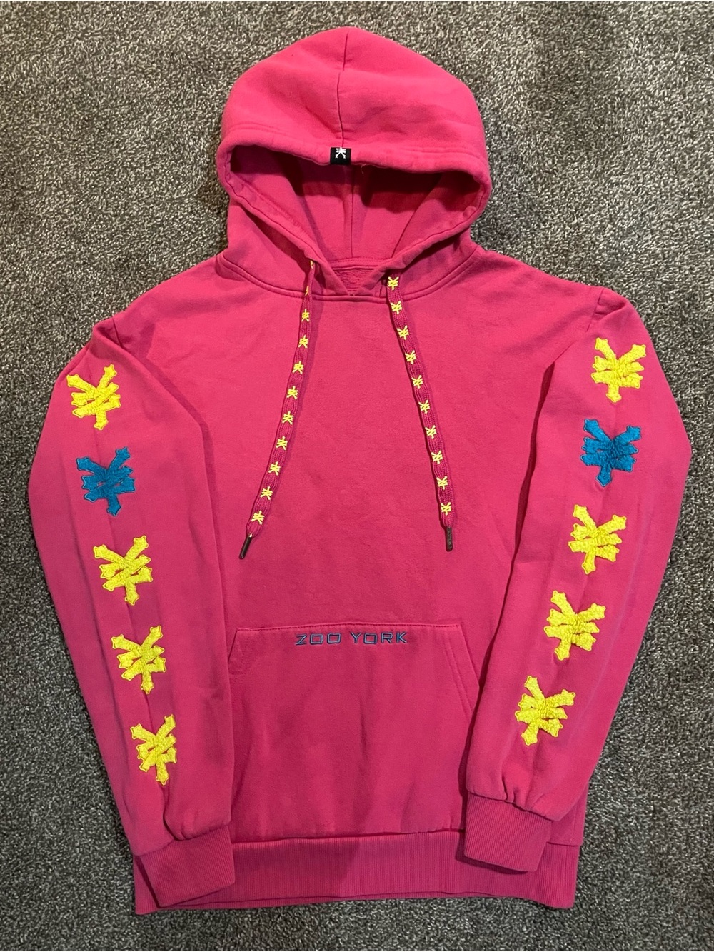 Zoo York Hot Pink Hoodie with Yellow & Teal Sleeve Embroidery